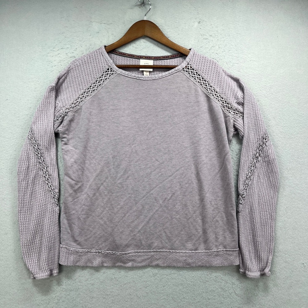 Knox Rose Sweatshirt Womens L Purple Waffle Knit Crochet Lace Long Sleeve Boho